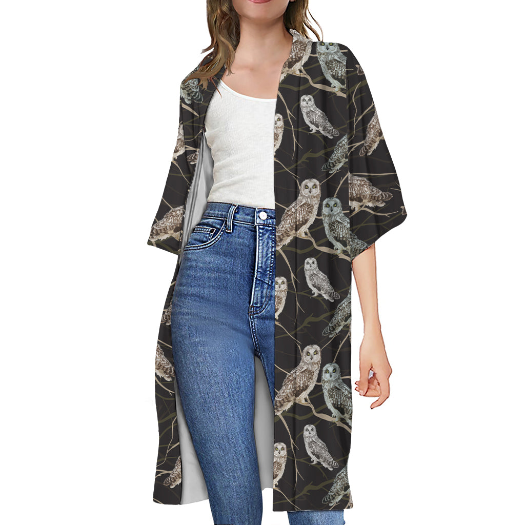 Night Owl Pattern Print Open Front Beach Cover Up