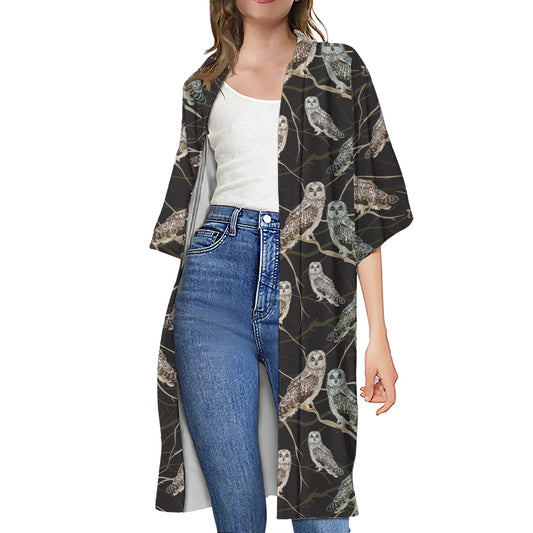 Night Owl Pattern Print Open Front Beach Cover Up