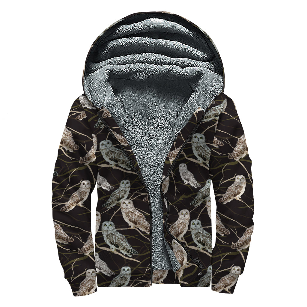 Night Owl Pattern Print Sherpa Lined Zip Up Hoodie