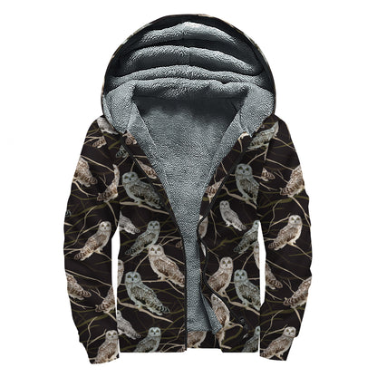 Night Owl Pattern Print Sherpa Lined Zip Up Hoodie