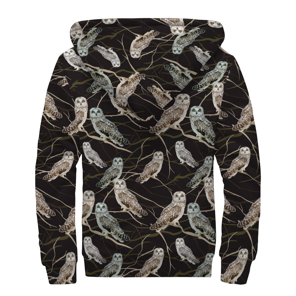 Night Owl Pattern Print Sherpa Lined Zip Up Hoodie