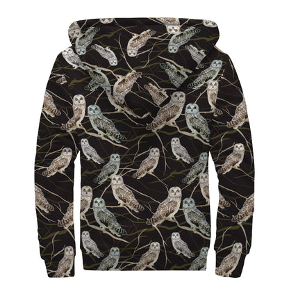 Night Owl Pattern Print Sherpa Lined Zip Up Hoodie