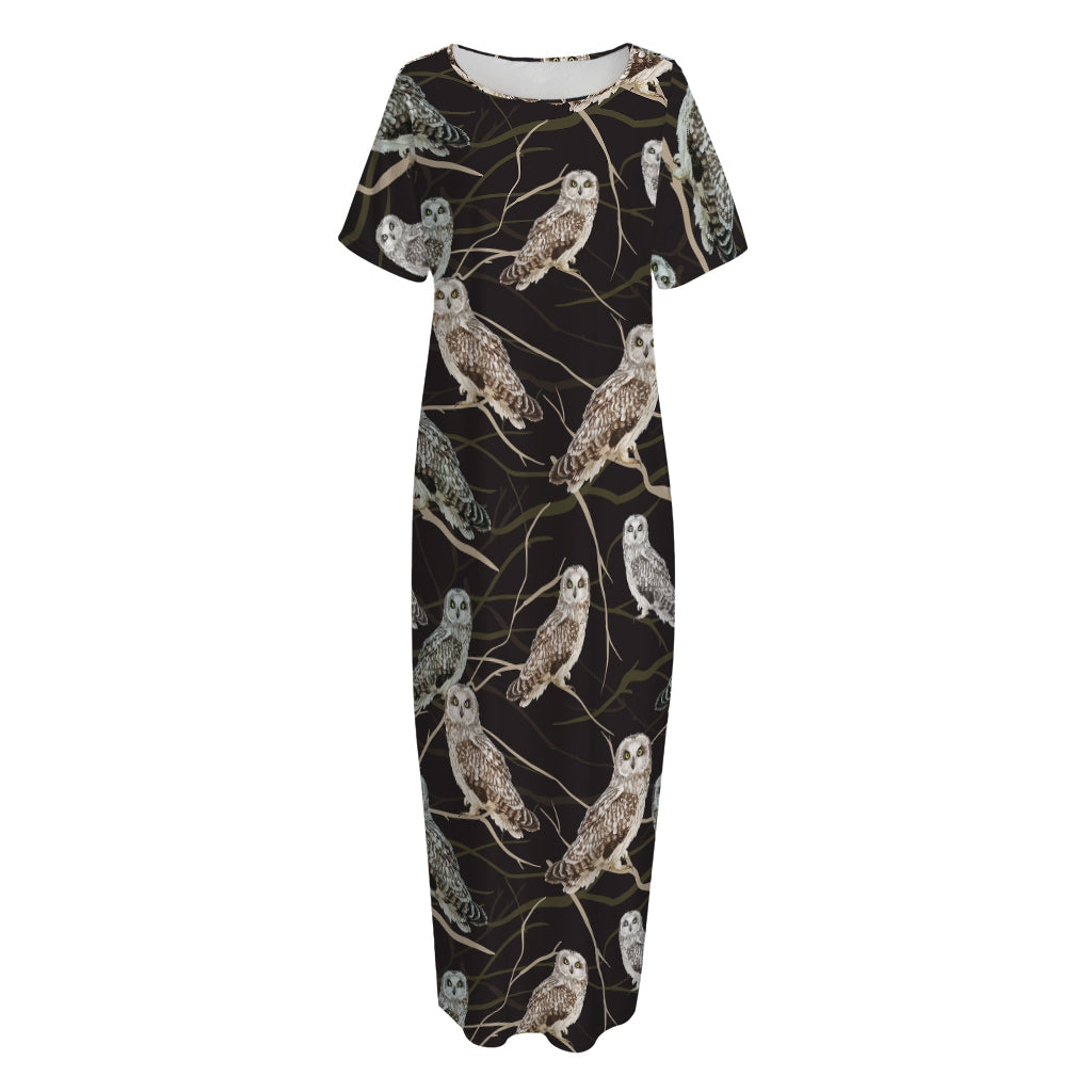 Night Owl Pattern Print Short Sleeve Long Nightdress