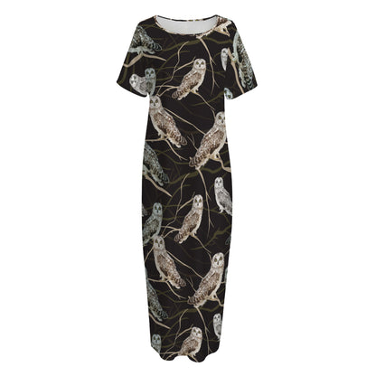 Night Owl Pattern Print Short Sleeve Long Nightdress
