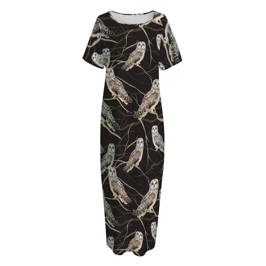 Night Owl Pattern Print Short Sleeve Long Nightdress