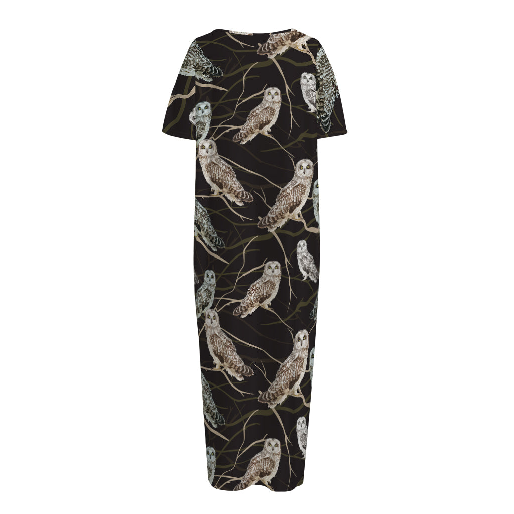 Night Owl Pattern Print Short Sleeve Long Nightdress