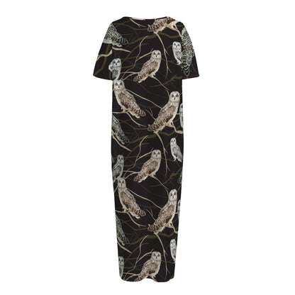 Night Owl Pattern Print Short Sleeve Long Nightdress