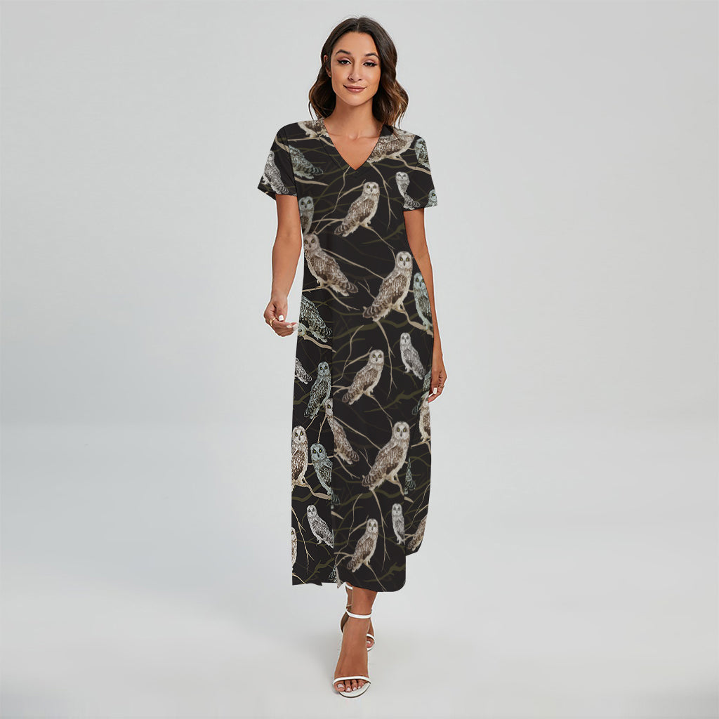 Night Owl Pattern Print Short Sleeve Maxi Dress