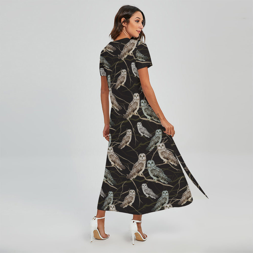 Night Owl Pattern Print Short Sleeve Maxi Dress