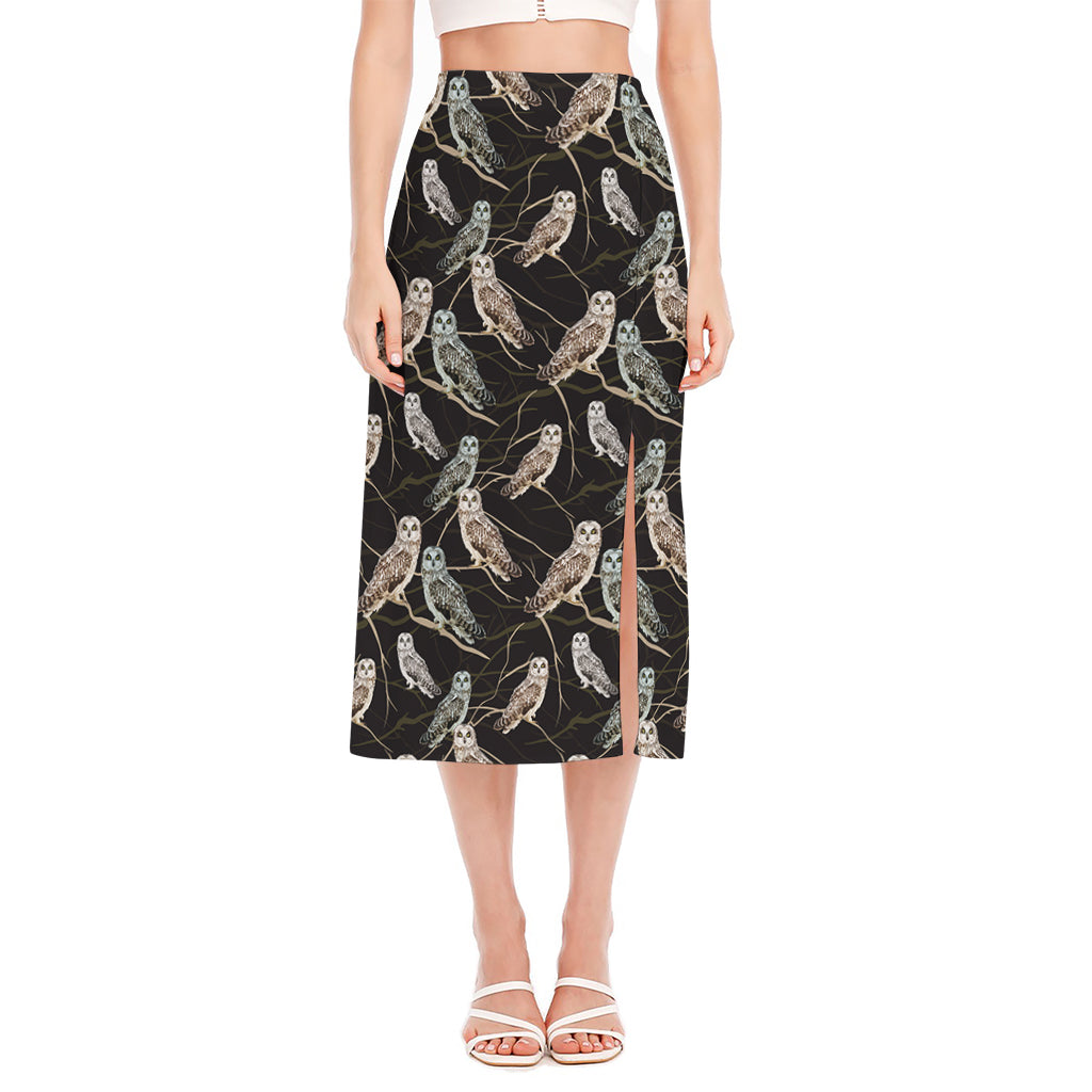 Night Owl Pattern Print Side Slit Midi Skirt