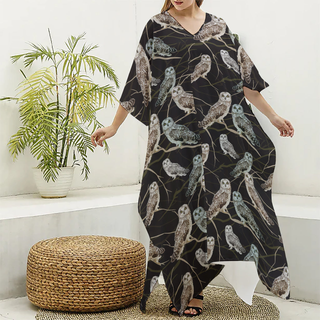 Night Owl Pattern Print Silk V-Neck Kaftan Dress