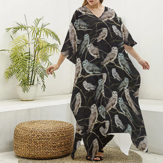 Night Owl Pattern Print Silk V-Neck Kaftan Dress
