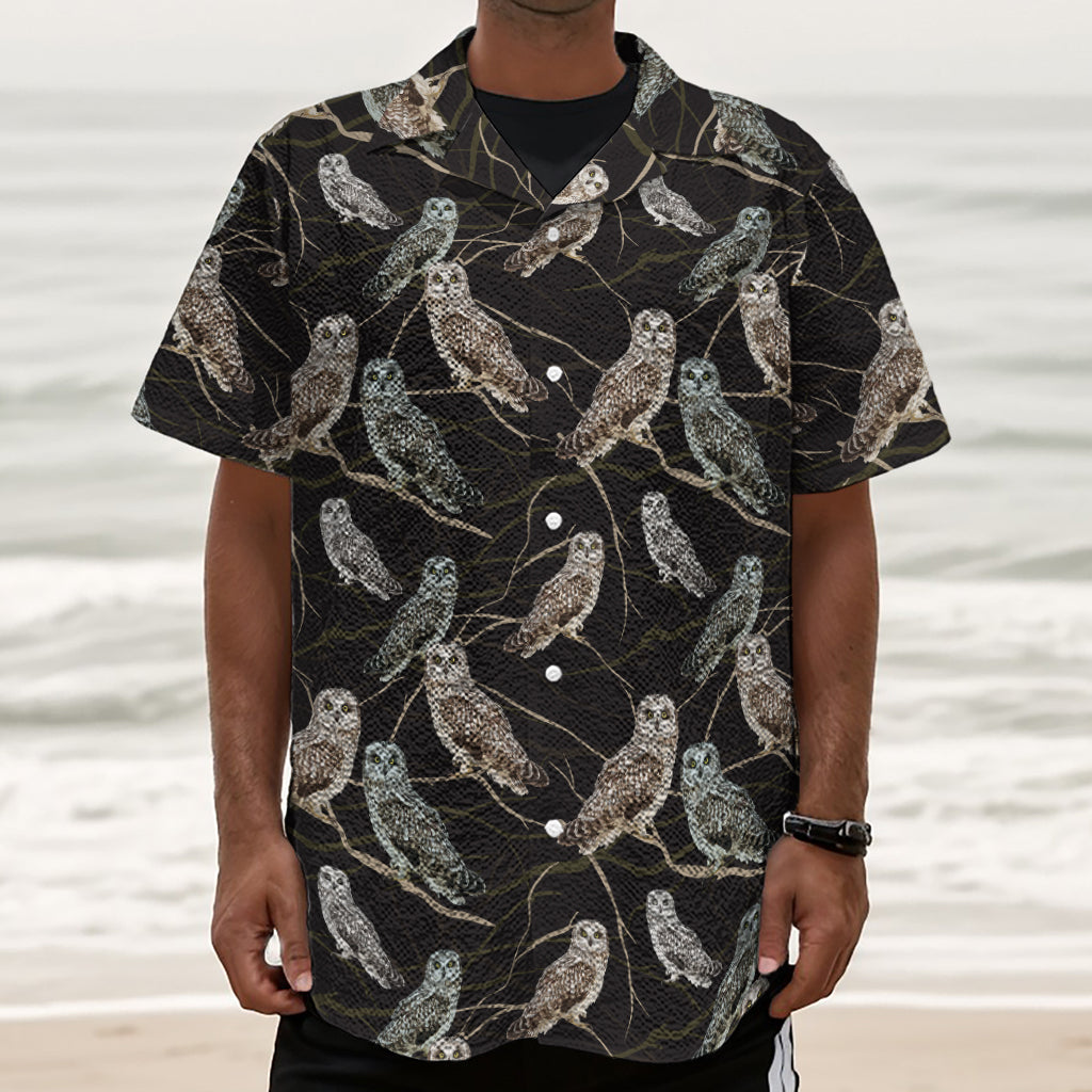 Night Owl Pattern Print Textured Short Sleeve Shirt