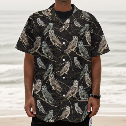Night Owl Pattern Print Textured Short Sleeve Shirt