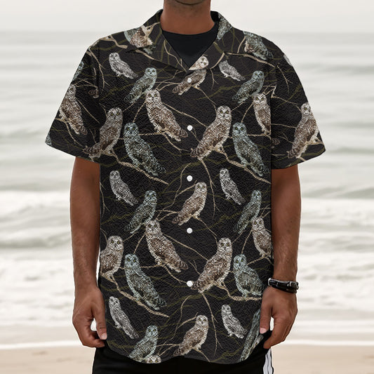 Night Owl Pattern Print Textured Short Sleeve Shirt