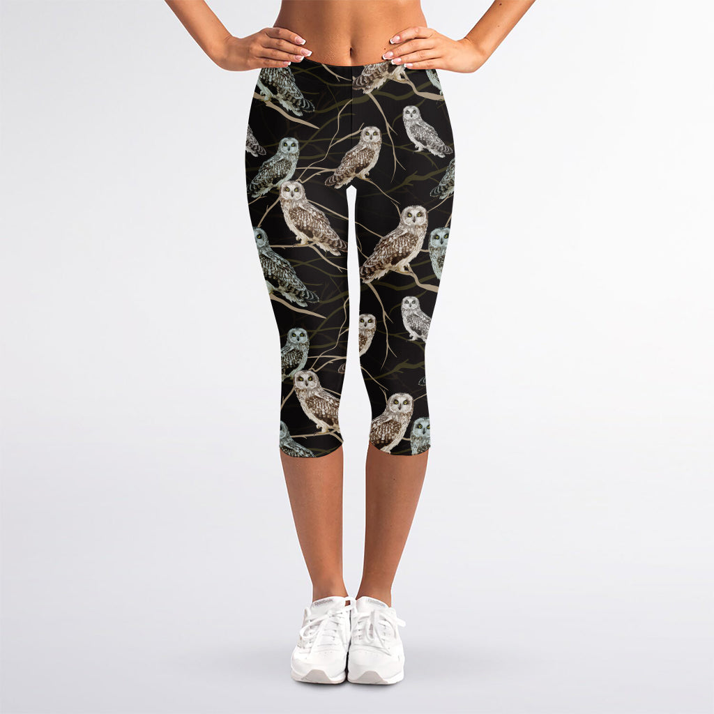 Night Owl Pattern Print Women's Capri Leggings