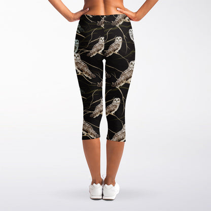 Night Owl Pattern Print Women's Capri Leggings
