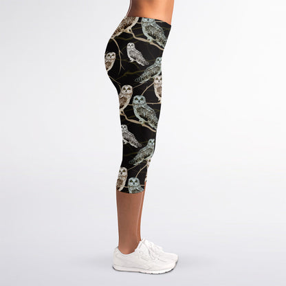 Night Owl Pattern Print Women's Capri Leggings