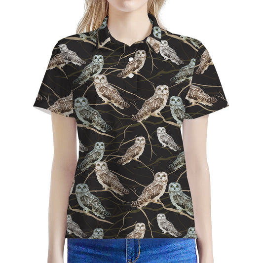 Night Owl Pattern Print Women's Polo Shirt