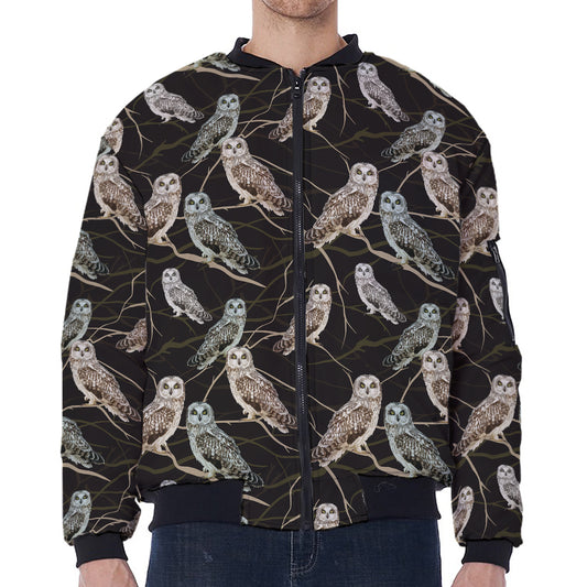 Night Owl Pattern Print Zip Sleeve Bomber Jacket