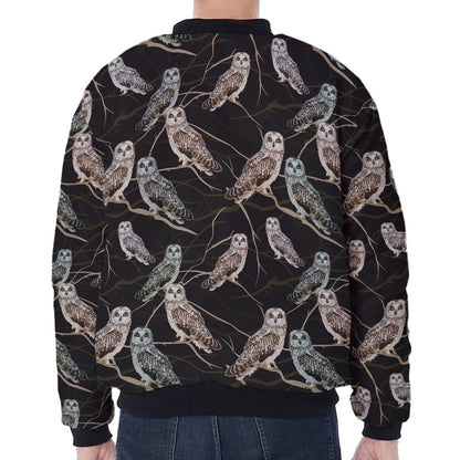 Night Owl Pattern Print Zip Sleeve Bomber Jacket