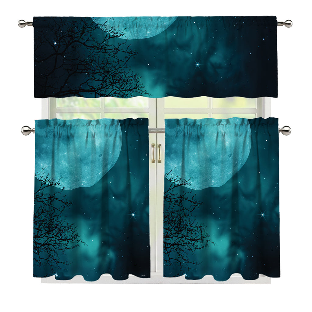 Night Sky And Full Moon Print 3 Piece Kitchen Curtains