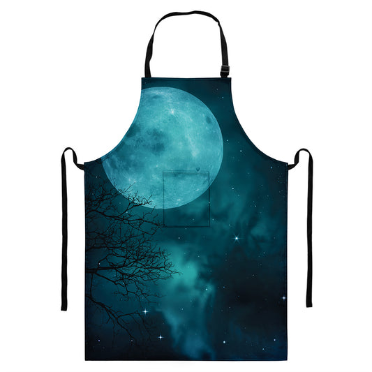 Night Sky And Full Moon Print Bib Apron With Pocket