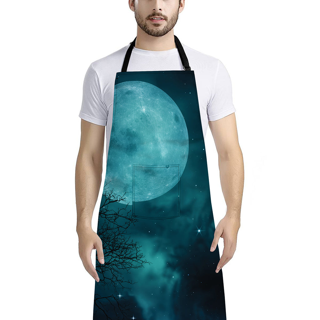 Night Sky And Full Moon Print Bib Apron With Pocket