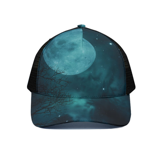 Night Sky And Full Moon Print Black Mesh Trucker Cap
