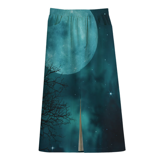 Night Sky And Full Moon Print Cotton Front Slit Maxi Skirt