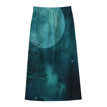 Night Sky And Full Moon Print Cotton Front Slit Maxi Skirt
