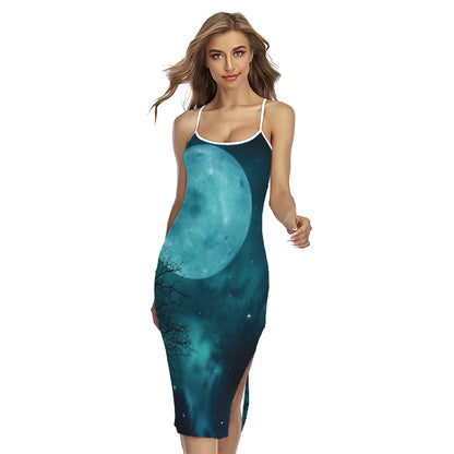 Night Sky And Full Moon Print Cross Back Cami Dress