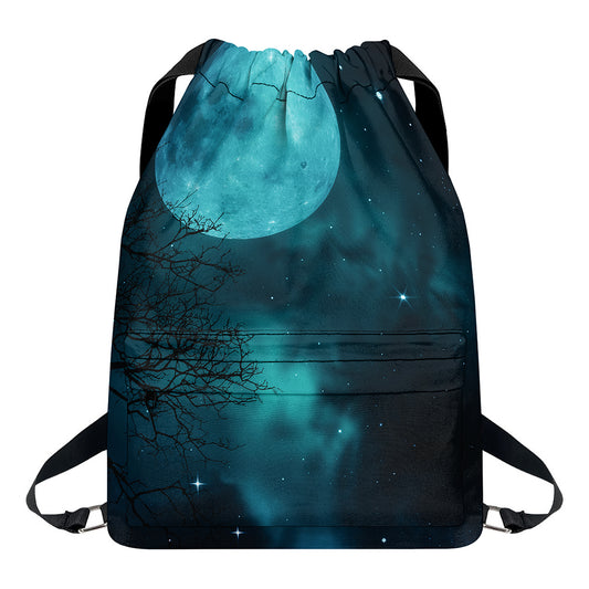 Night Sky And Full Moon Print Drawstring Backpack