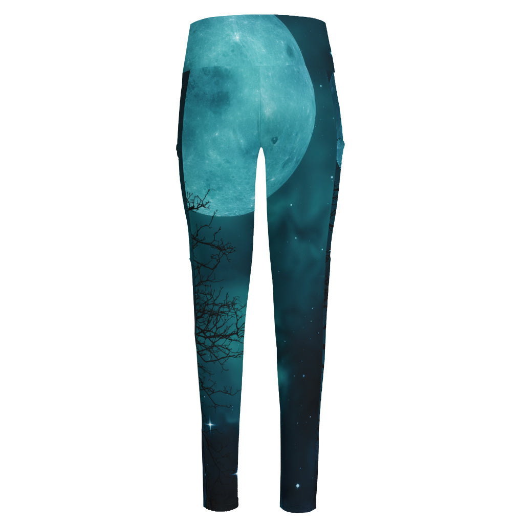 Night Sky And Full Moon Print High-Waisted Pocket Leggings