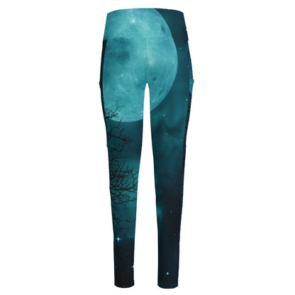 Night Sky And Full Moon Print High-Waisted Pocket Leggings
