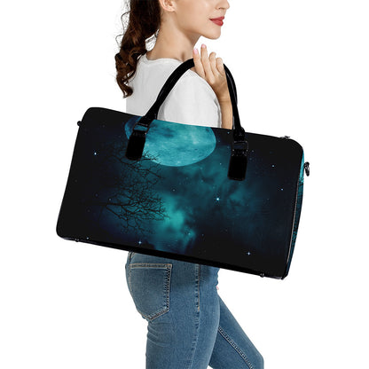 Night Sky And Full Moon Print Leather Duffle Bag