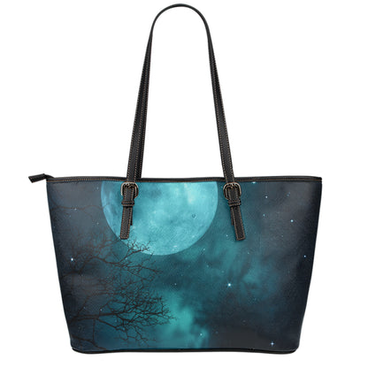 Night Sky And Full Moon Print Leather Tote Bag
