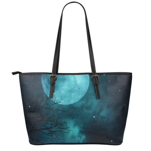 Night Sky And Full Moon Print Leather Tote Bag