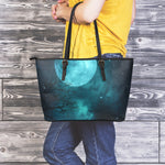 Night Sky And Full Moon Print Leather Tote Bag