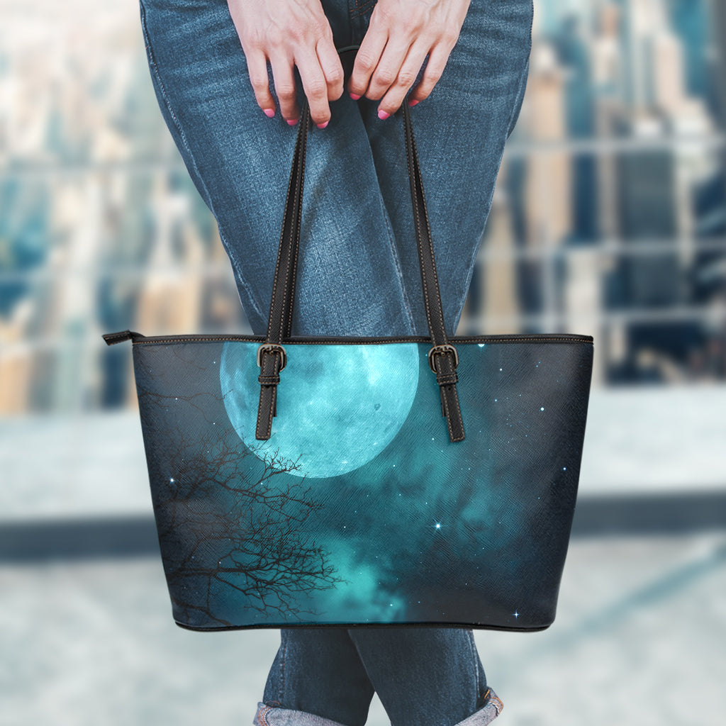 Night Sky And Full Moon Print Leather Tote Bag