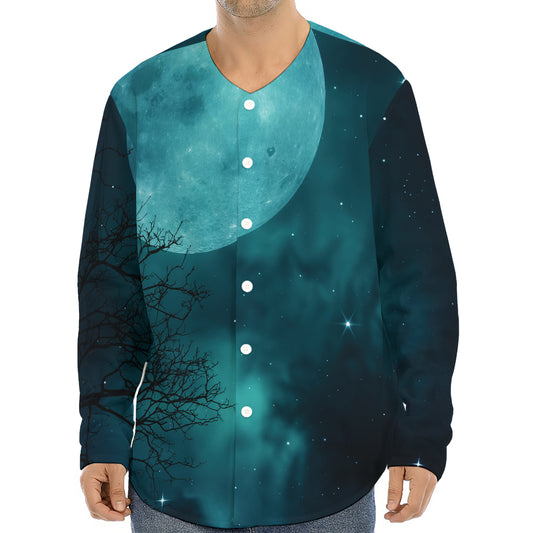 Night Sky And Full Moon Print Long Sleeve Baseball Jersey