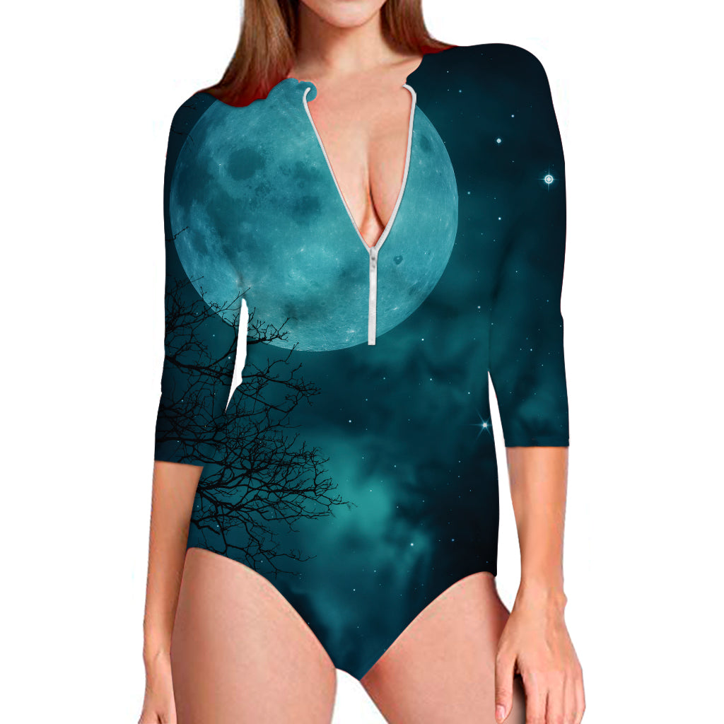 Night Sky And Full Moon Print Long Sleeve Swimsuit