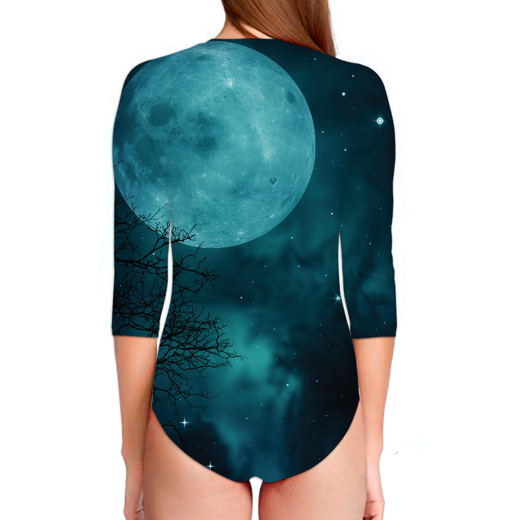 Night Sky And Full Moon Print Long Sleeve Swimsuit