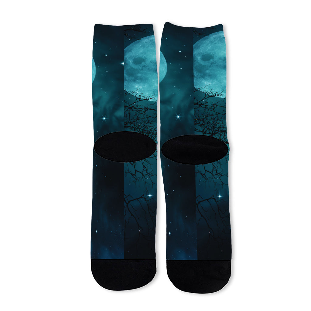 Night Sky And Full Moon Print Long Socks
