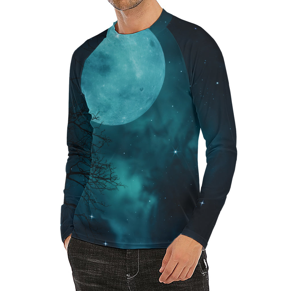 Night Sky And Full Moon Print Men's Long Sleeve Rash Guard