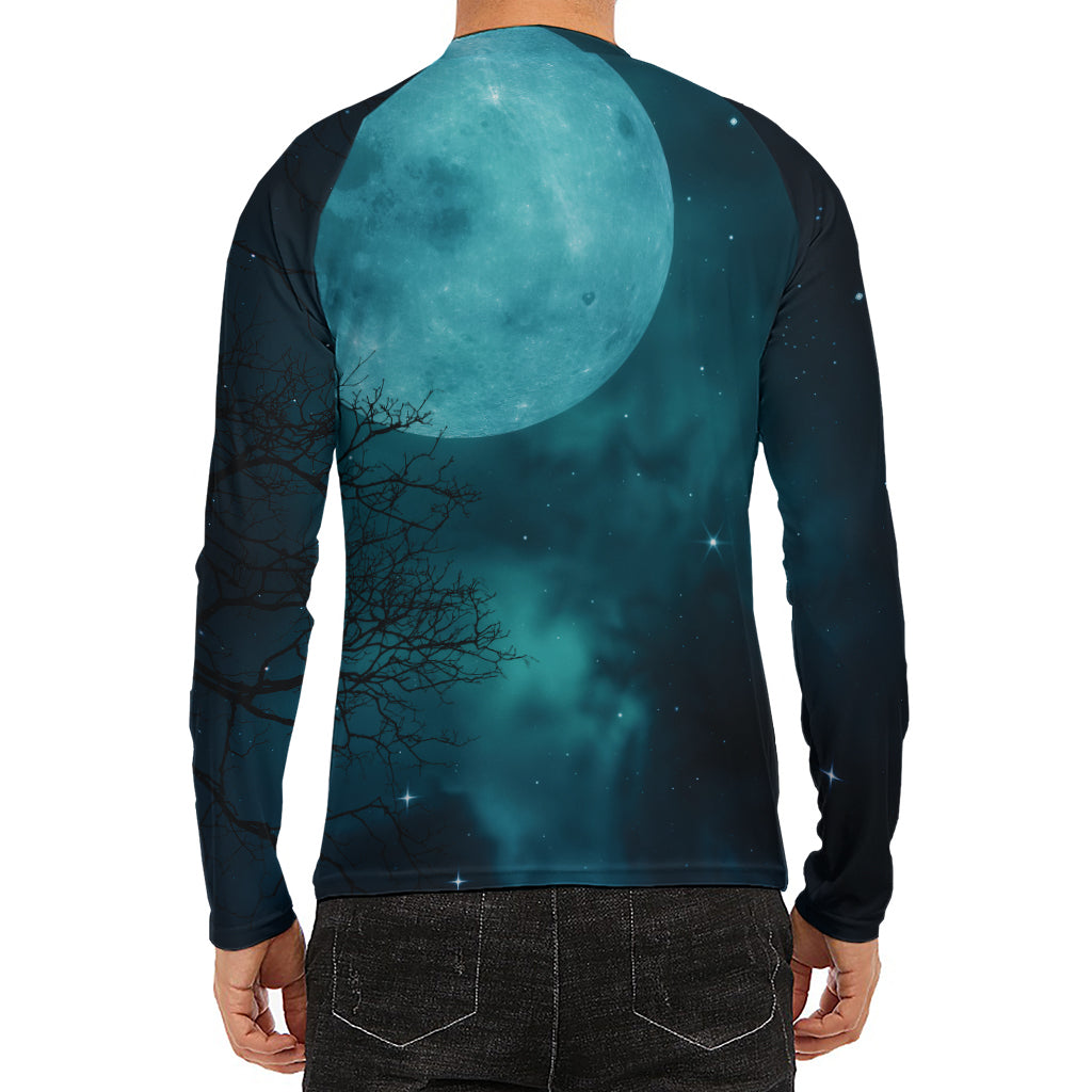 Night Sky And Full Moon Print Men's Long Sleeve Rash Guard