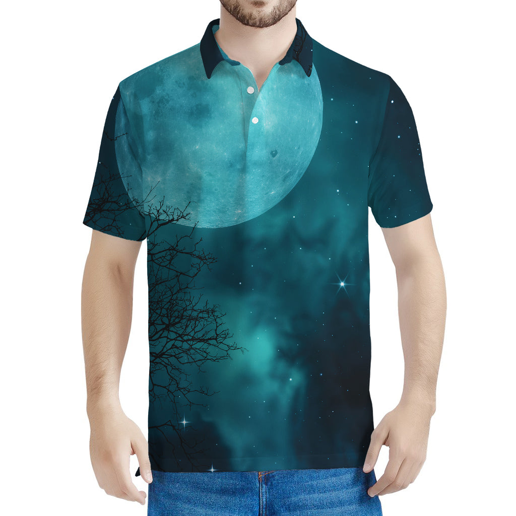 Night Sky And Full Moon Print Men's Polo Shirt