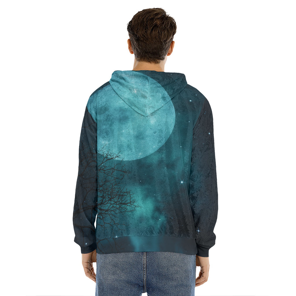 Night Sky And Full Moon Print Men's Velvet Pullover Hoodie