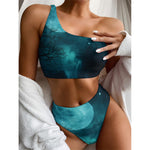 Night Sky And Full Moon Print One Shoulder Bikini Top