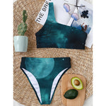 Night Sky And Full Moon Print One Shoulder Bikini Top